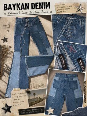 Baykan Denim Patchwork Lace-Up Flare High Rise Jeans - 28